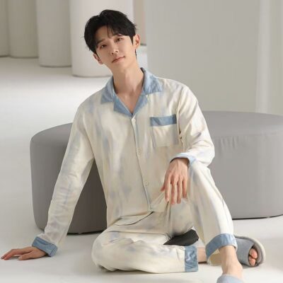 Premium casual cardigan long sleeve men cotton pajamas