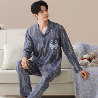 Casual turn-down collar loose cardigan men cotton pajamas