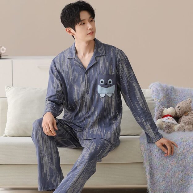 Casual turn-down collar loose cardigan men cotton pajamas