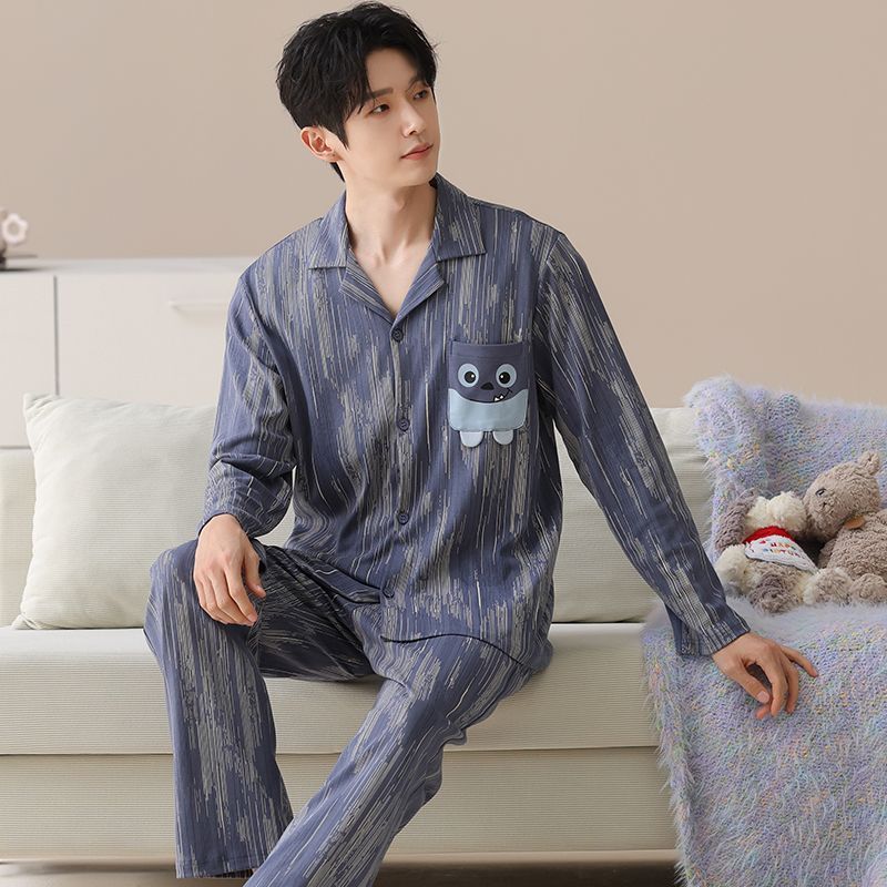 Casual turn-down collar loose cardigan men cotton pajamas