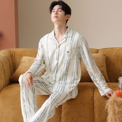Casual turn-down collar loose cardigan men cotton pajamas