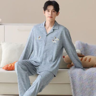Casual turn-down collar loose cardigan men cotton pajamas