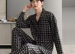 Spring autumn plaid cardigan men cotton pajama set