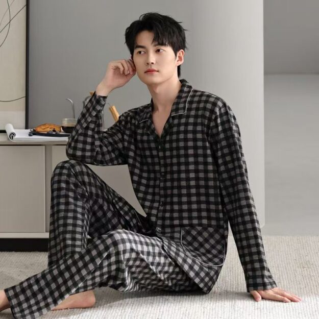 Spring autumn plaid cardigan men cotton pajama set