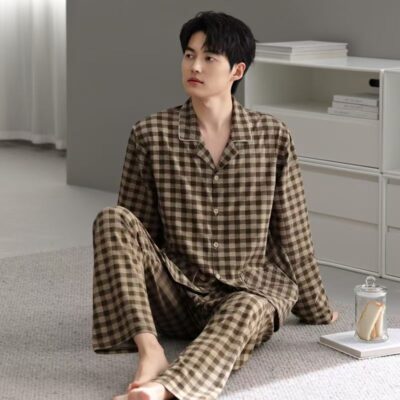 Spring autumn plaid cardigan men cotton pajama set