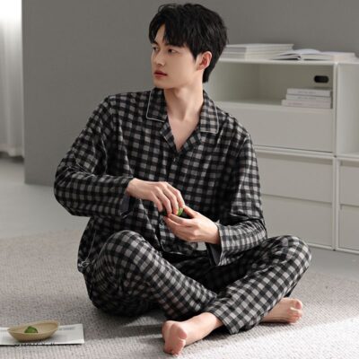 Spring autumn plaid cardigan men cotton pajama set