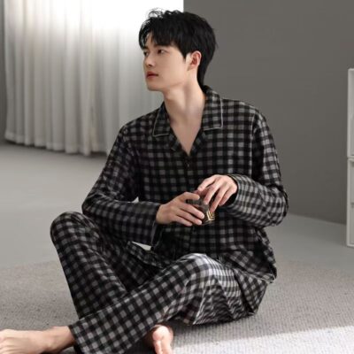 Spring autumn plaid cardigan men cotton pajama set