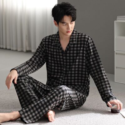 Spring autumn plaid cardigan men cotton pajama set