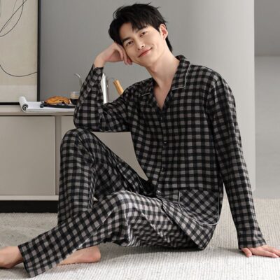 Spring autumn plaid cardigan men cotton pajama set