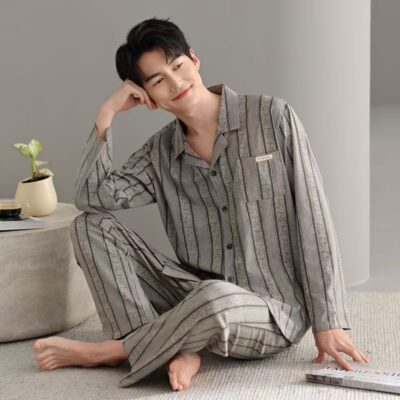 Light luxury cardigan men cotton pajama set