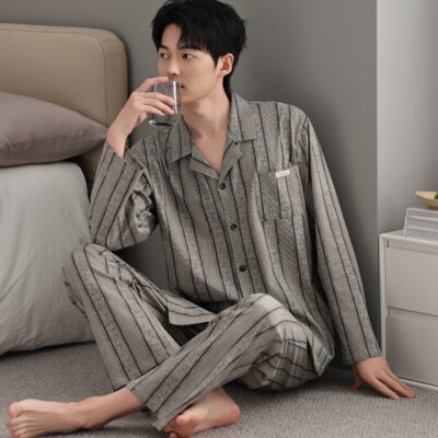 Light luxury cardigan men cotton pajama set