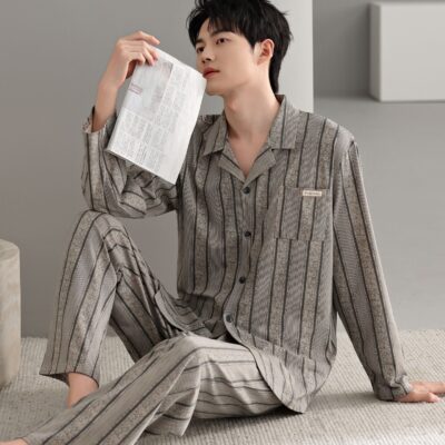 Light luxury cardigan men cotton pajama set