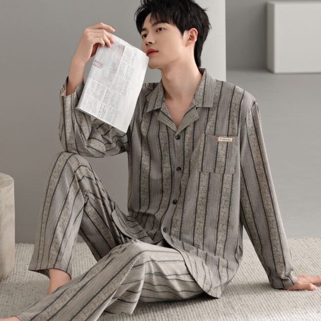 Light luxury cardigan men cotton pajama set
