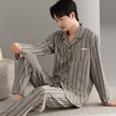 Light luxury cardigan men cotton pajama set