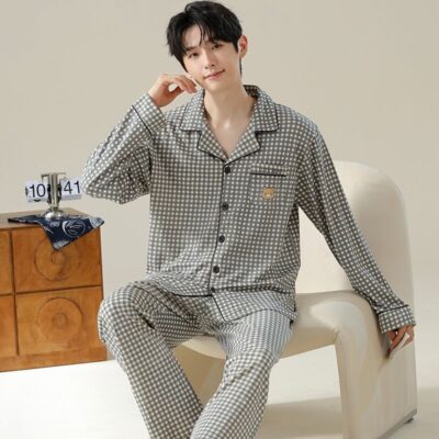 High quality spring autumn plaid long sleeve men cotton pajama set