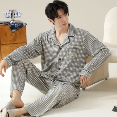 High quality spring autumn plaid long sleeve men cotton pajama set