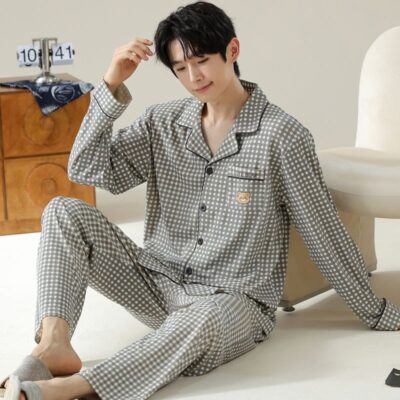 High quality spring autumn plaid long sleeve men cotton pajama set