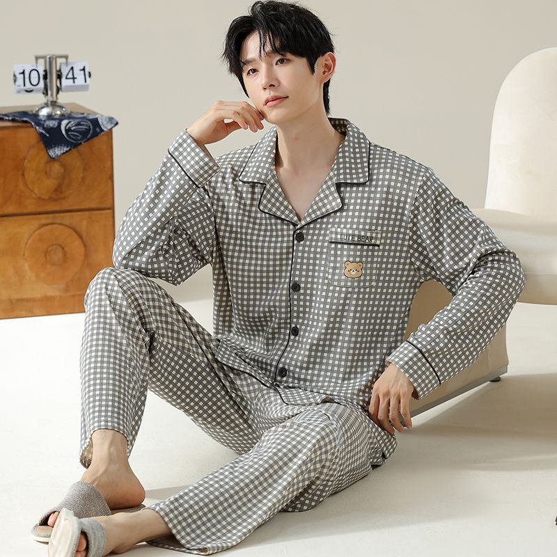 High quality spring autumn plaid long sleeve men cotton pajama set