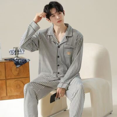 High quality spring autumn plaid long sleeve men cotton pajama set