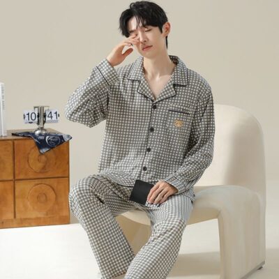 High quality spring autumn plaid long sleeve men cotton pajama set