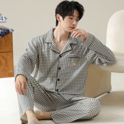 High quality spring autumn plaid long sleeve men cotton pajama set