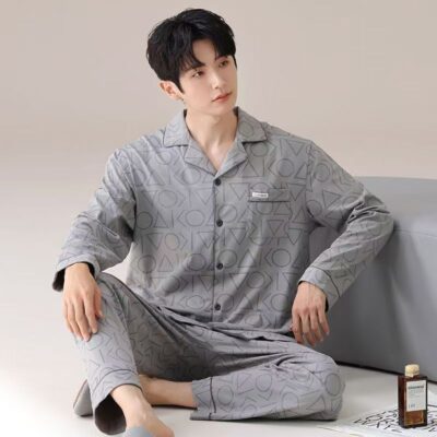 Spring autumn plus size men loose cotton pajama set
