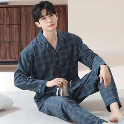 Spring autumn plus size men loose cotton pajama set