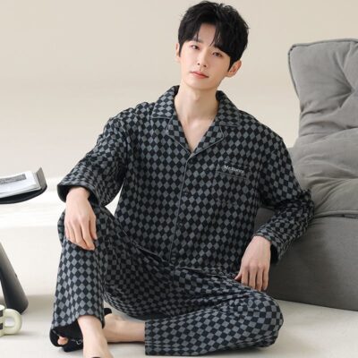 Spring autumn plus size men loose cotton pajama set