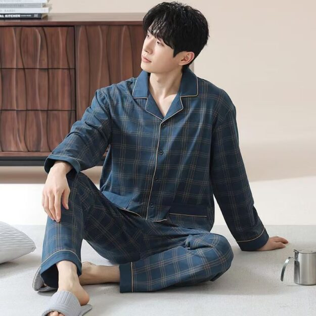 Spring autumn plus size men loose cotton pajama set