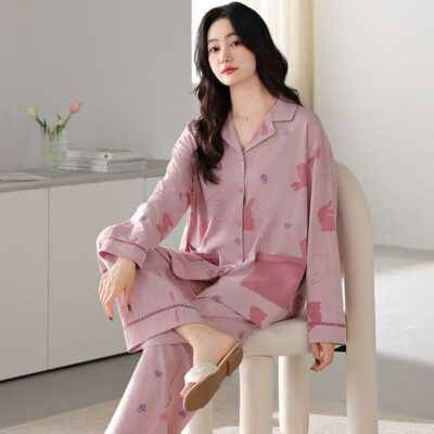 Light luxury cardigan spring autumn women cotton pajamas