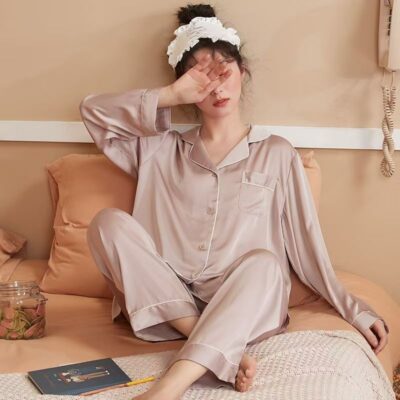 Spring autumn soft loose cardigan women satin pajama set