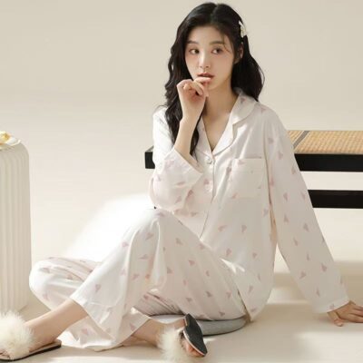 Spring autumn soft loose cardigan women satin pajama set