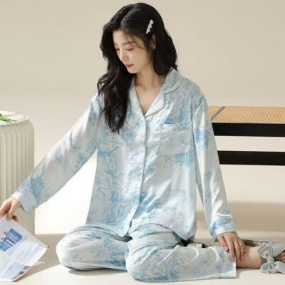 Spring autumn soft loose cardigan women satin pajama set