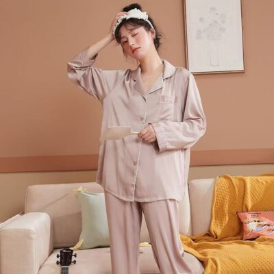 Spring autumn soft loose cardigan women satin pajama set