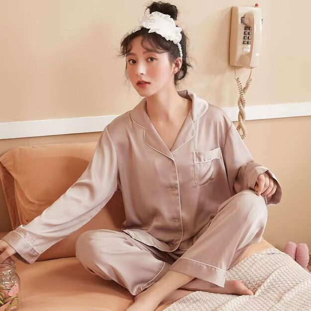 Spring autumn soft loose cardigan women satin pajama set