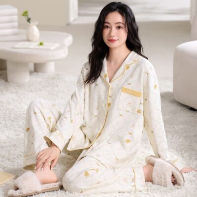 Soft long sleeve spring autumn cotton pajamas