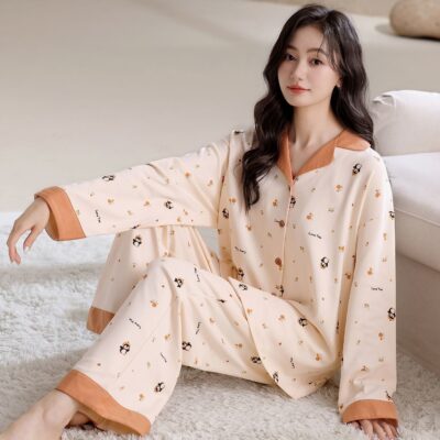 Soft long sleeve spring autumn cotton pajamas