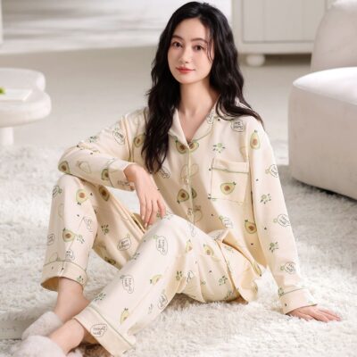 Soft long sleeve spring autumn cotton pajamas
