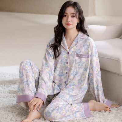 Soft long sleeve spring autumn cotton pajamas