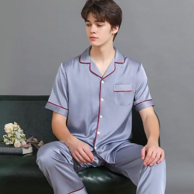 Summer solid color silk pajama set for couples