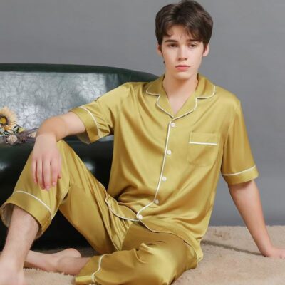 Summer solid color silk pajama set for couples
