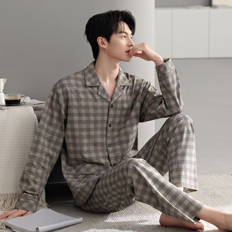 Vintage autumn winter cardigan men cotton pajama set