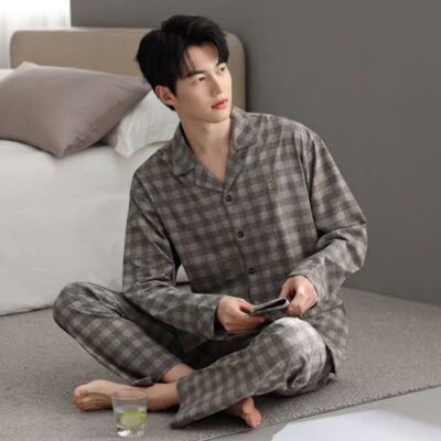 Vintage autumn winter cardigan men cotton pajama set