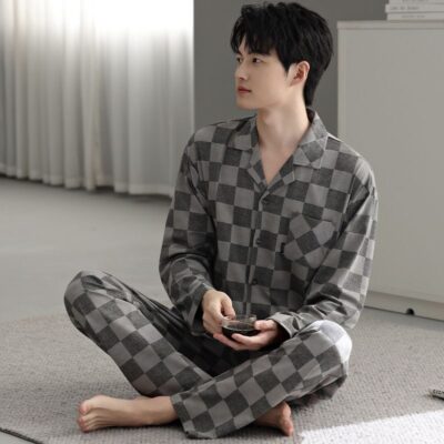 Vintage autumn winter cardigan men cotton pajama set