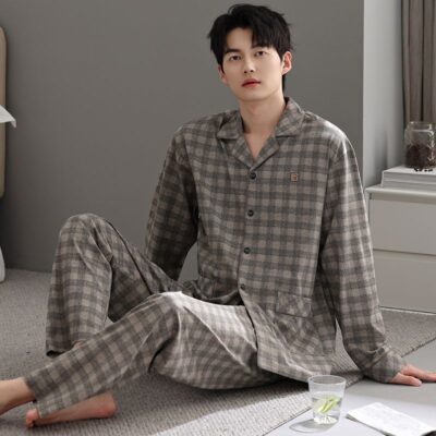 Vintage autumn winter cardigan men cotton pajama set