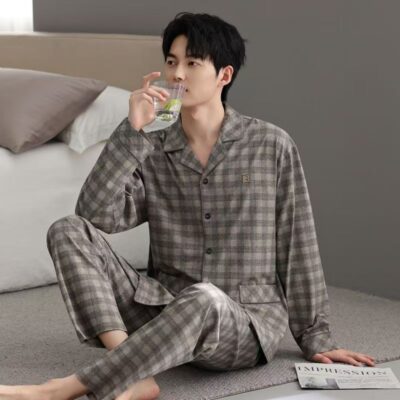 Vintage autumn winter cardigan men cotton pajama set