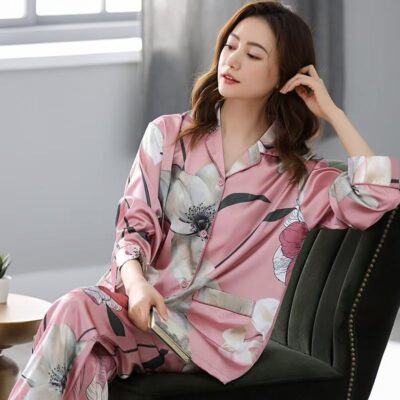 Spring autumn loose cardigan women satin pajama set