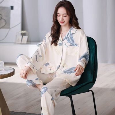 Spring autumn loose cardigan women satin pajama set