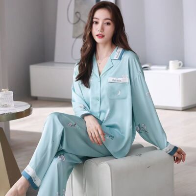 Spring autumn loose cardigan women satin pajama set