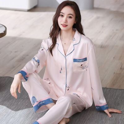 Spring autumn loose cardigan women satin pajama set